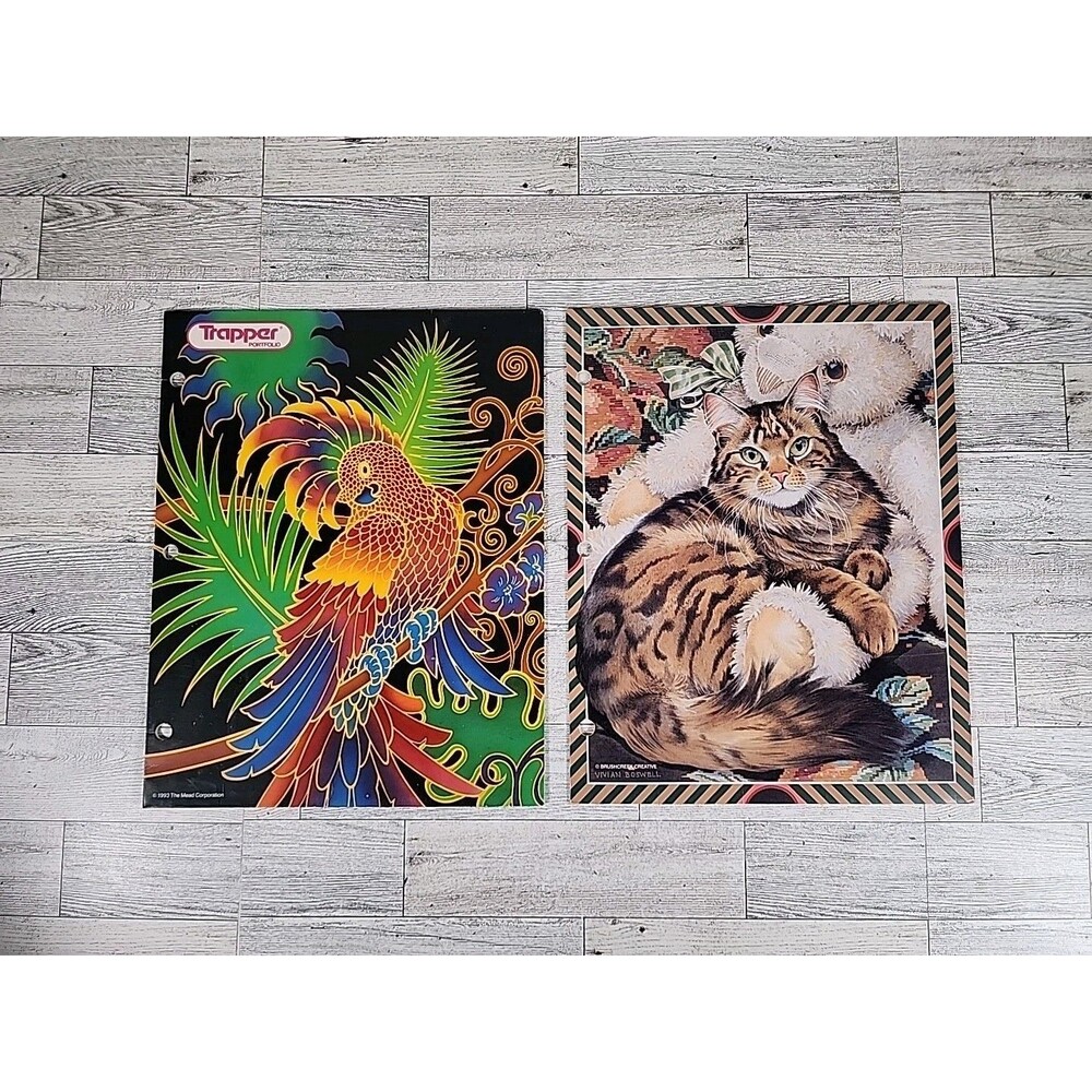 2 Vintage Portfolios Trapper 3 Ring Binder Folders 90s Mead Cat & Parrot